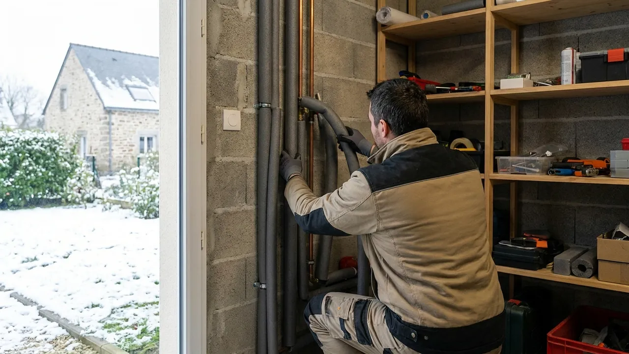 Isolation de canalisations extérieures avec des manchons en mousse dans un jardin de Saint-Cloud