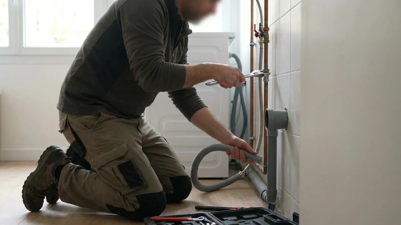 Raccordement de l'évacuation d'un lave-linge sur un siphon dédié dans une cuisine de Saint-Cloud